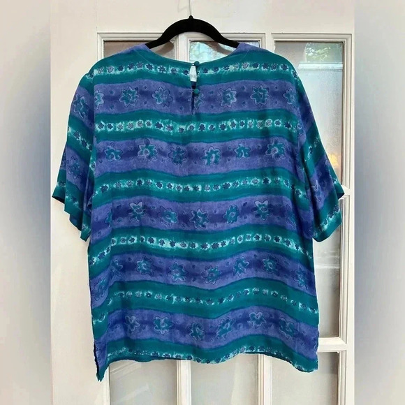 Vintage Quo-Silk 100% Silk Watercolor Floral Short Sleeve Blouse Size Large L - Picture 2 of 11